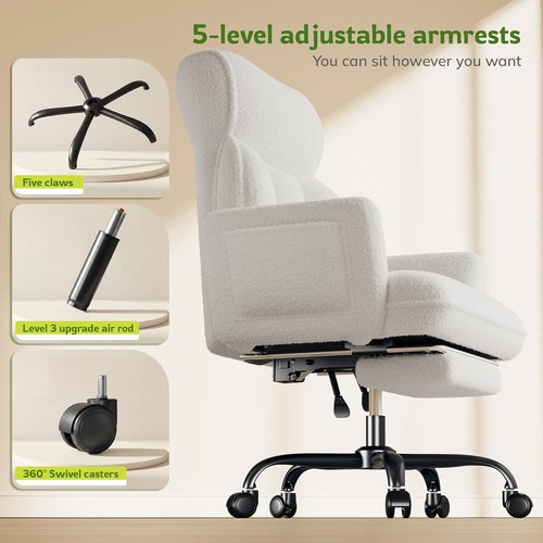 DurayLoly Ergonomic Big and Tall Office Chair - Adjustable Arms, Footrest & Comfortable Fabric - White