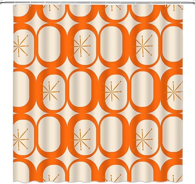 Mid Century Modern Extra Long Shower Curtain Abstract Atomic Geometric Round Squares Retro 50s Orange Fabic with Hooks for Bathroom Decor,70x78 Inch