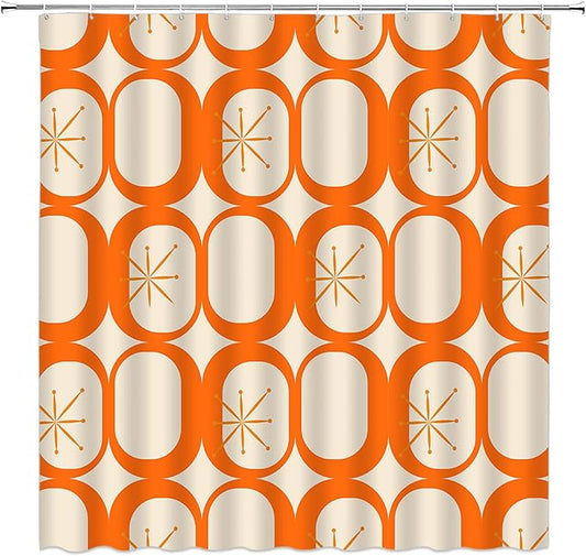 Mid Century Modern Extra Long Shower Curtain Abstract Atomic Geometric Round Squares Retro 50s Orange Fabic with Hooks for Bathroom Decor,70x78 Inch