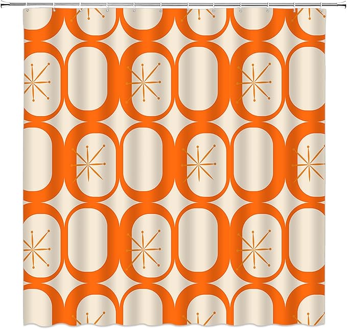 Mid Century Modern Shower Curtain Abstract Atomic Geometric Round Squares Retro 50s Orange Fabic with Hooks for Bathroom Decor,60x70 Inch