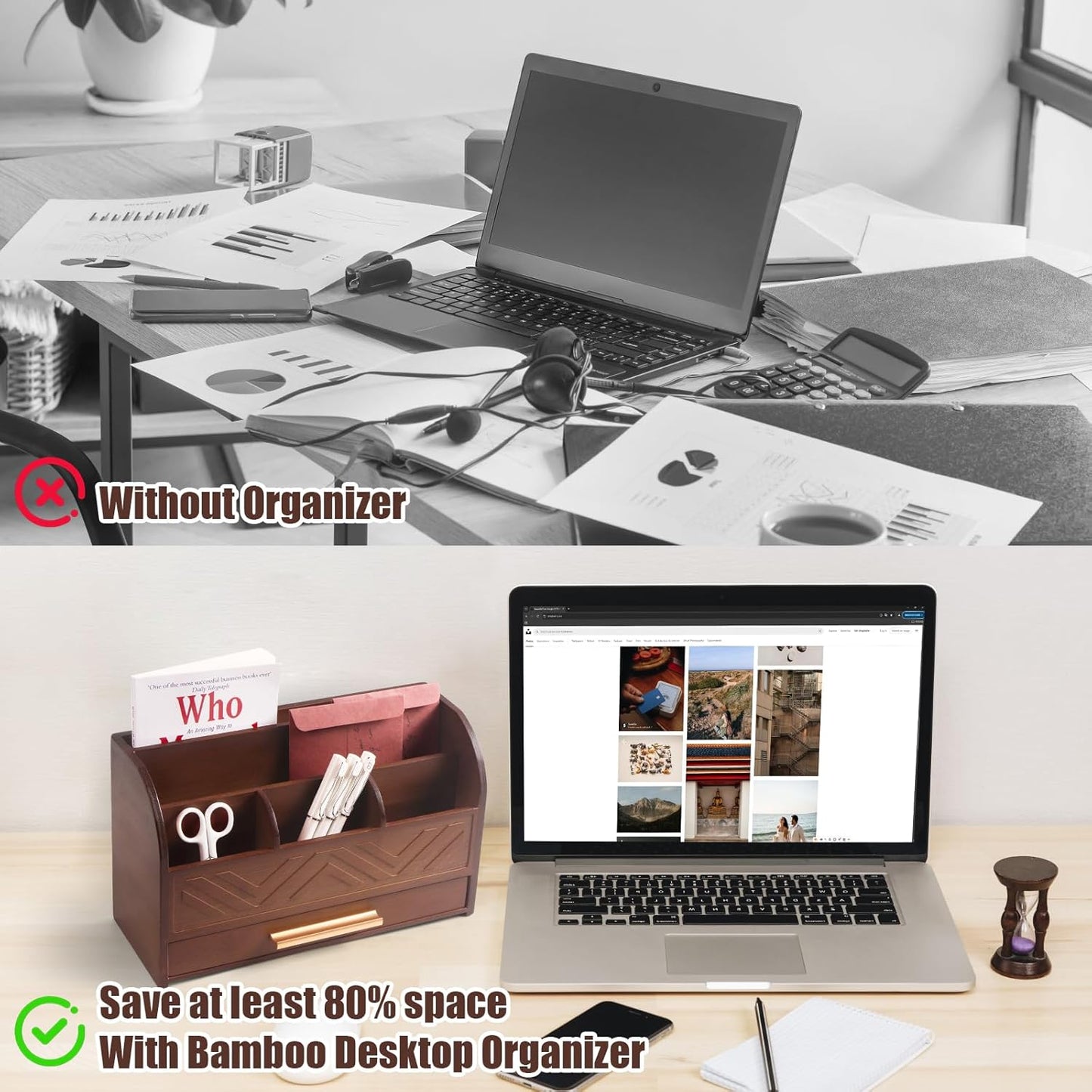 Skiennix Mail Organizer - Stylish Brown Wood Countertop Holder for Home & Office Storage