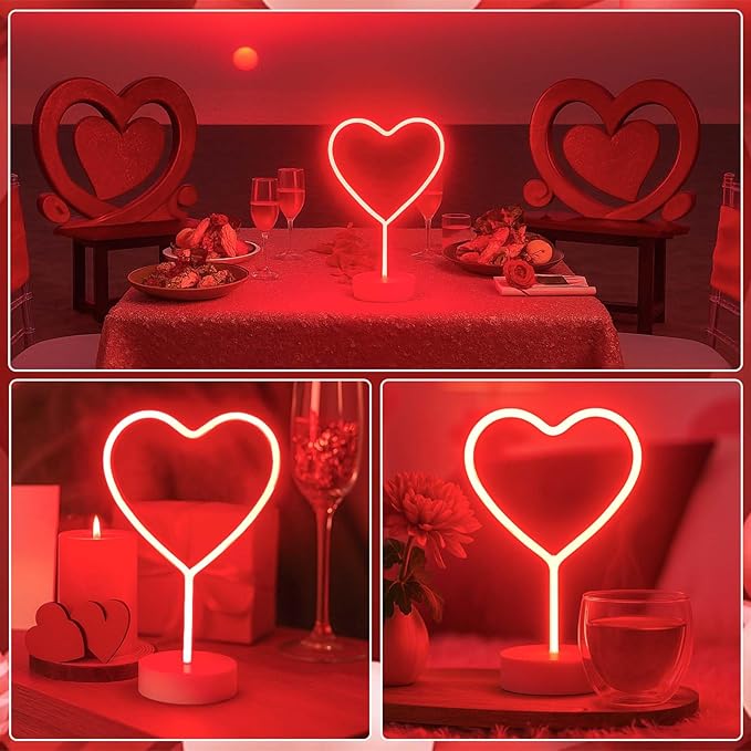 BHCLIGHT Red Heart Neon Sign, Valentines Day LED Neon Light Battery Operated or USB Powered Valentines Red Heart Lights, Table Lamp for Galentines Day Decorations, Wedding, Gifts for Women, Lover.