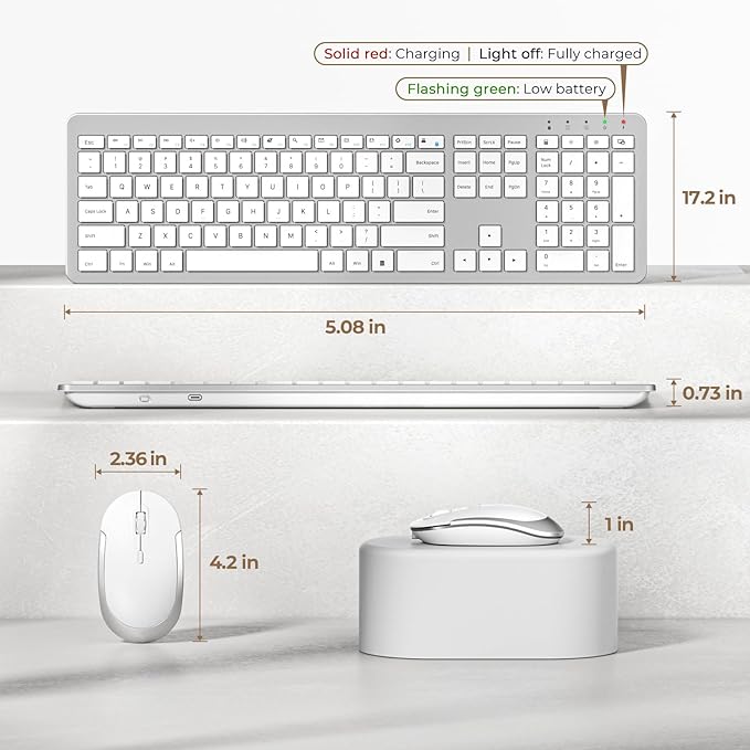 Wireless Keyboard and Mouse - Rechargeable Full Size Flat Keyboard & Mouse Sets with Build-in Lithium Battery, Ultra Thin Quiet Keyboard Mice - Silver and White