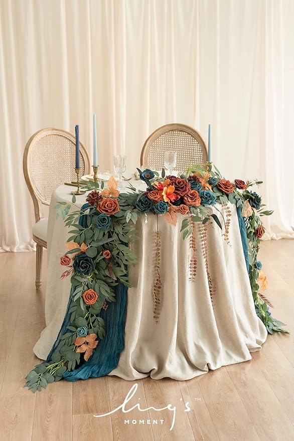 Ling's moment 9FT Flower Garland for Backdrop Decoration - Fall Wedding Arch Flowers, Eucalyptus & Rose, Artificial Floral Garland for Mantle - Sweetheart Table Decor for Ceremony, Teal & Orange
