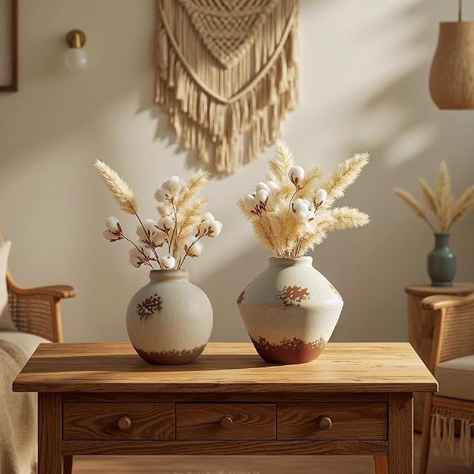 Ceramic Rustic Farmhouse Decor, Pottery Decorative Flower Vases, Boho Vase for Centerpieces,Office, Living Room, Dining Table, Entryway, Shelf, Mantel(Height 6.7 inch-Rustic)