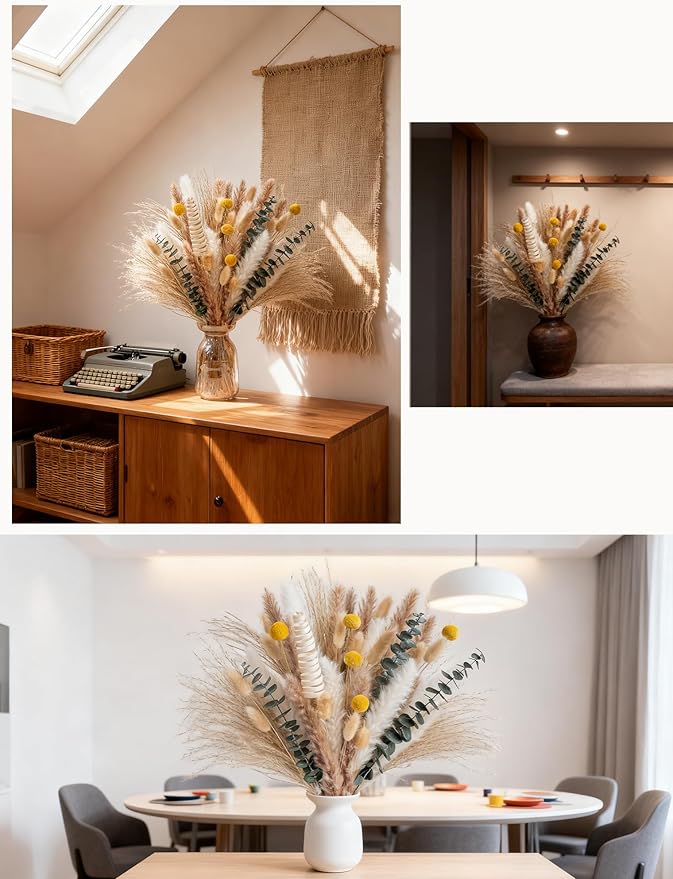 Pampas Grass Boho Decor Bouquet - Natural Dried Flowers Including Billy Balls,Eucalyptus,Bunny Tails Grass,Multi-Scene Decor for Home/Wedding/Living Room/Entryway | Versatile Ins-Style Home Ornament
