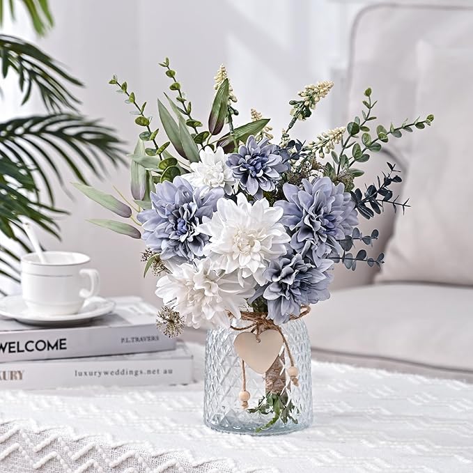 MARTINE MALL Fake Flowers in Vase, Faux Flowers in Vase, Dahlia Artificial Flowers in Vase Centerpiece Table Decorations Artificial Flower Arrangement for Home Dining Room Office Farmhouse, Blue