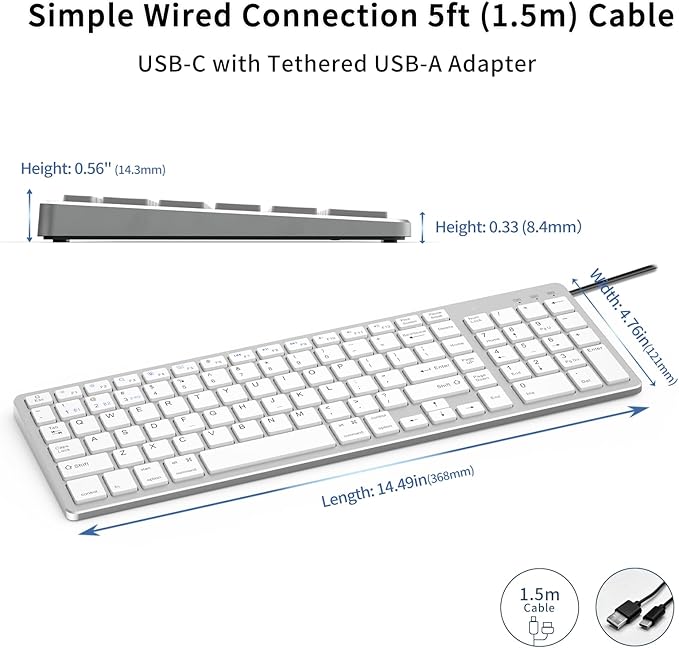 JKSML Wireless Keyboard with 102 Keys, Bluetooth and 2.4 GHz Wireless, Low Profile, Number Pad, Fluid Quiet Typing, 12 Programmable Keys, USB C Rechargeable, for Phone, Tablet, PC, Laptop, TV - White