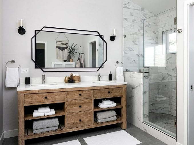 55"x28" Black Large Decorative Bathroom Wall Mirror for Wall with Metal Frame, Modern Octagonal Horizontal Mirror for Living Room, Bedroom, Entryway