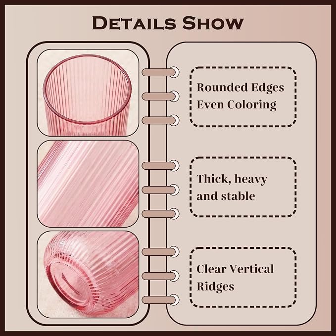 Pink Ribbed Highball Glasses Set of 6, 13.2oz Pink Colored Glassware, Drinking Glasses for Water, Juice, Iced Coffee, Cocktails, Pink Glass Cups, Housewarming Christmas Gift