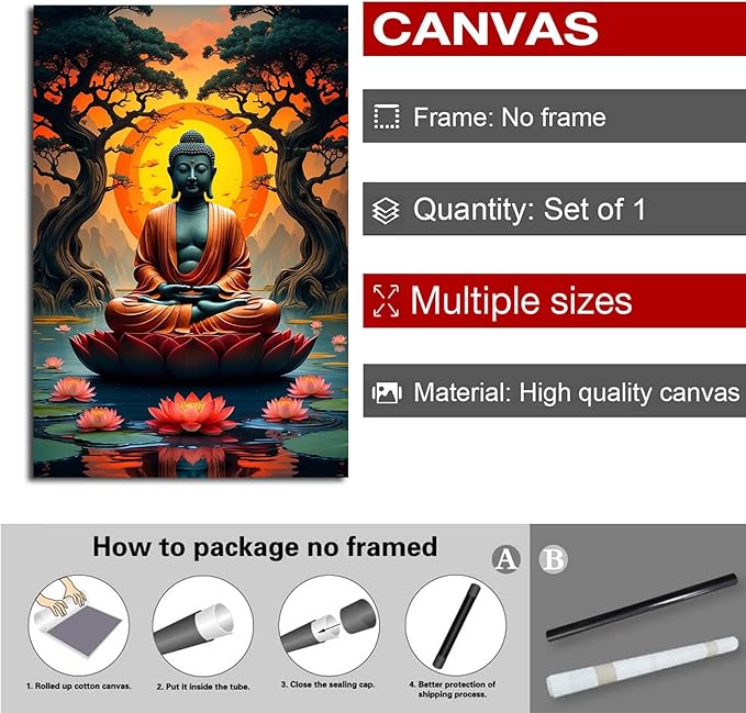 Canvas wall art Golden Buddha on lotus at sunset Ancient trees with reflections on water Serene meditation scene Uplifting wall art for mindfulness and tranquil home decor 24x36in Frameless