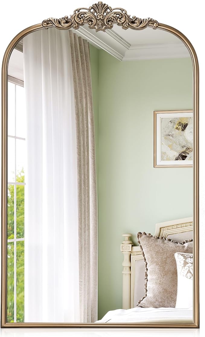 Gold Vintage Mirror, 24” x 40” Arched Ornate Baroque Mirror for Fireplace Mantel, Antique Brass Bathroom Mirrors for Wall with Metal Frame for Entryway, Bedroom, Living Room