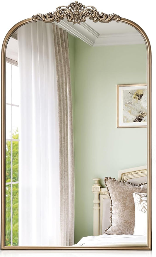 Gold Vintage Mirror, 24” x 40” Arched Ornate Baroque Mirror for Fireplace Mantel, Antique Brass Bathroom Mirrors for Wall with Metal Frame for Entryway, Bedroom, Living Room
