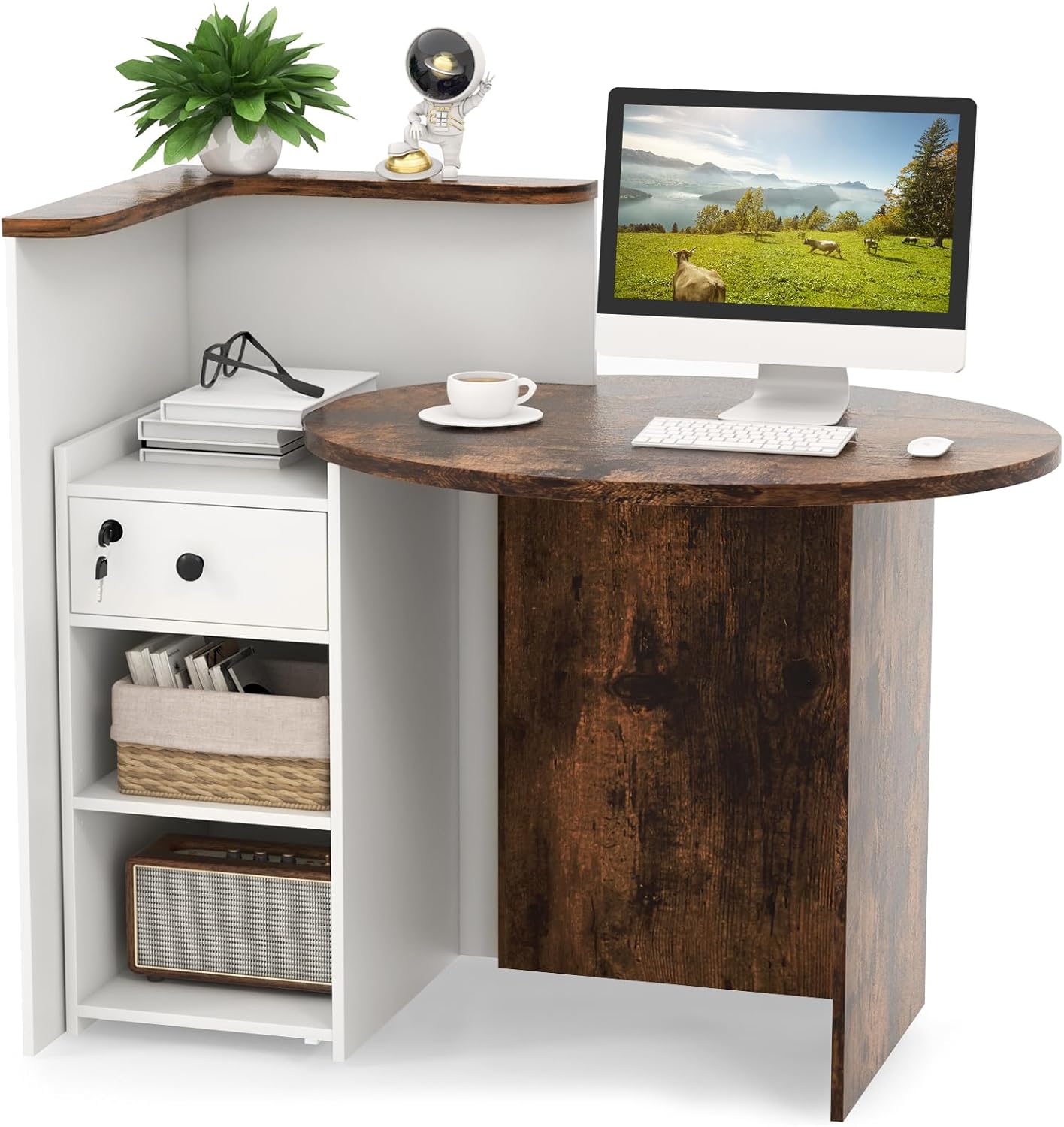 Tangkula Reception Desk - Stylish Front Counter with Lockable Drawer & Adjustable Shelf | Oval Desktop for Salon & Office