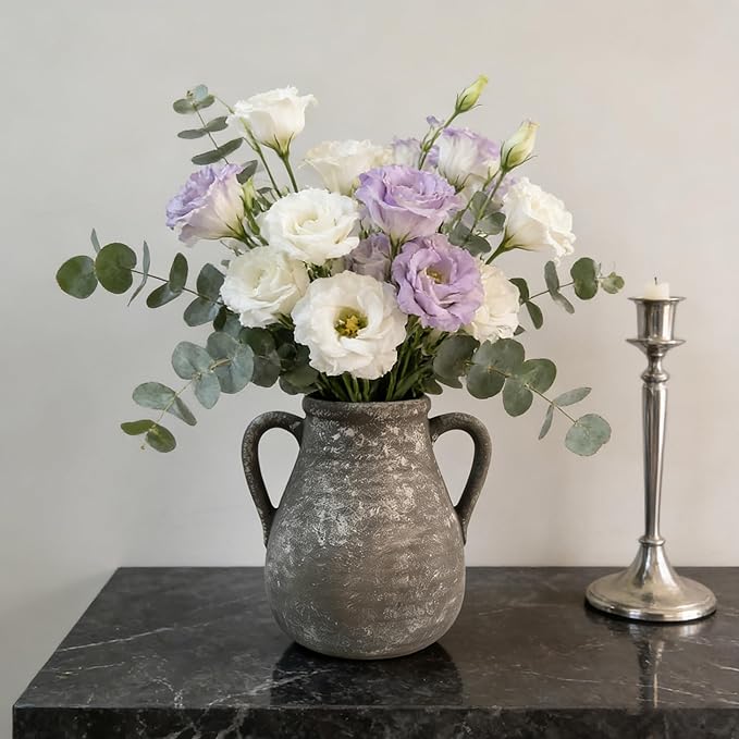 Ceramic Flower Vase Home Decor - 7.5 Inch Farmhouse Rustic Table Vases Living Room Decoration Decorative Vintage Pottery for Kitchen Shelf Coffee Dining Bookshelf Fireplace Centerpiece (Retro-7.5")