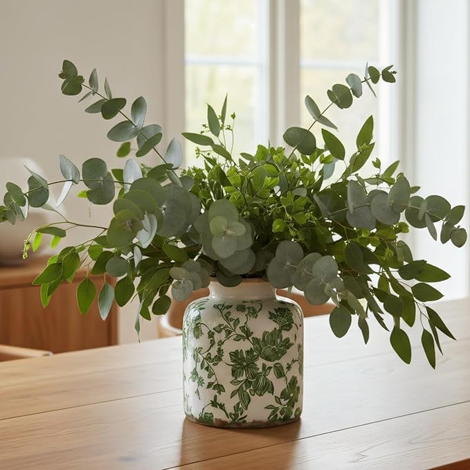 Vintage Green Crackle Glaze Ceramic Flower Vase, 6” Small Rustic Pottery-Style Decorative Vase with Distressed Beige Rim, Farmhouse Cottage Tabletop & Mantel Home Decor