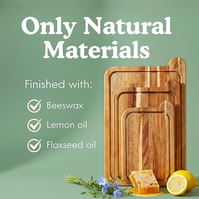 Non Toxic Cutting Boards - Cutting Board Set Free of Mineral Oil, Made of FSC Acacia Wood - Cutting Boards for Kitchen - Includes 3 Chopping Boards. By Ziruma