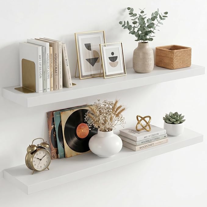 fuqing 40 Inch Floating Shelves | 6.7 Inch Deep White Shelves for Wall Set of 2 | 40''W x 6.7''D x 1.4''H White Wood Shelves for Living Room Bathroom Bedroom Kitchen Home Office