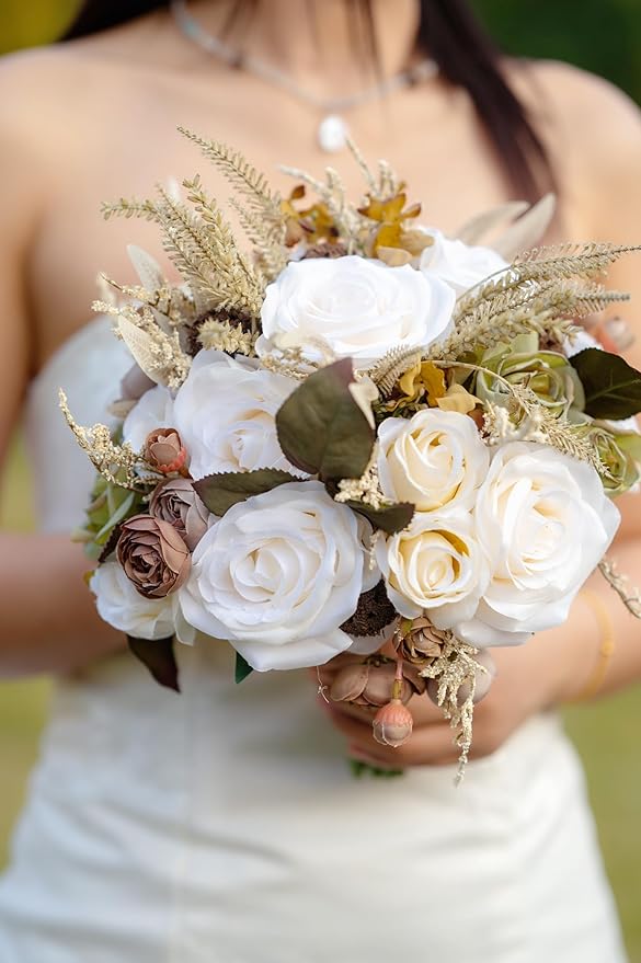 Wedding Bouquets for Bride Bridesmaid Khaki Rose Bridal Bouquet for Bride Artificial Flowers Wedding Tossing Bouquets for Wedding Church Bridal Shower Ceremony Anniversary (Khaki+Ivory)