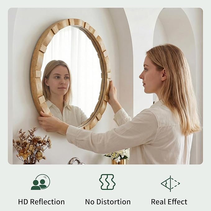 Wood Round Wall Mirror - 31.5" Farmhouse Rustic Wall Decorative Mirrors, Wooden Circle Boho Accent Mirror for Living Room, Bedroom, Bathroom, Hallway, Fireplace, (Natural)