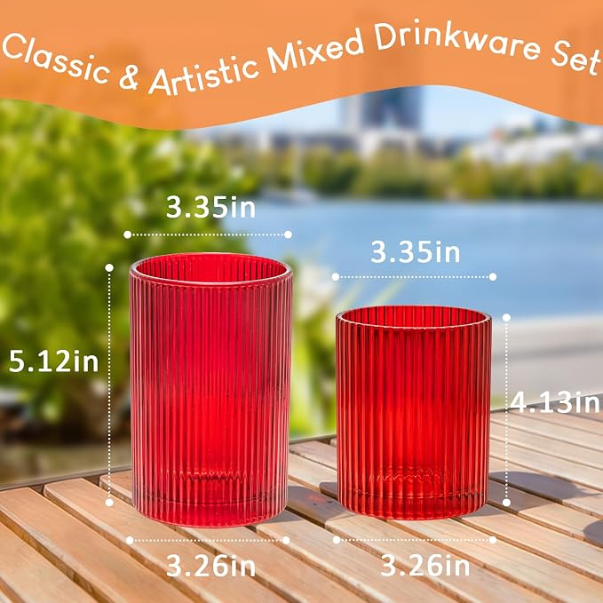 14 oz & 18 oz Ribbed Drinking Glasses Set of 12, Vintage Iced Coffee Cups Elegant Glassware, Highball Glass Cups Ridged Glass Tumbler for Cocktail, Whiskey, Beer, Water, Juice, Origami Style Red