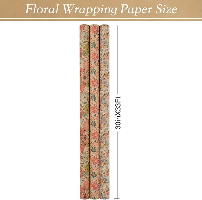 Aimyoo Kraft Floral Wrapping Paper Roll - 3 Rolls- 30 Inch x 10 Feet Per Roll - All Occasion Vintage Flower Gift Wrap Paper for Mother's Day Wedding Birthday Bridal Shower
