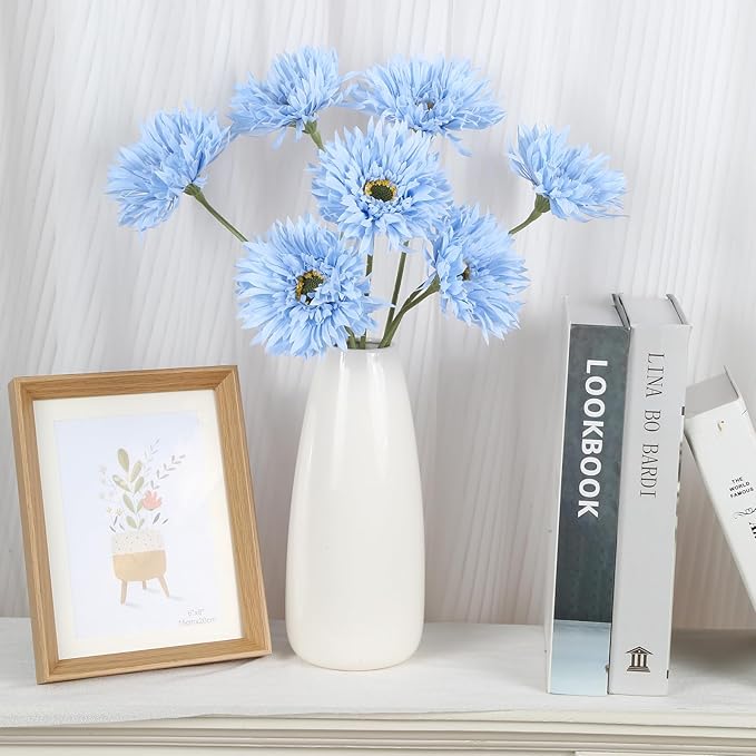 Gerbera Daisy Artificial Flowers 12pcs Faux Daisies Blue Silk Flowers with Stems for Vase Table Centerpiece Home Wedding Party Garden Decoration(Blue)