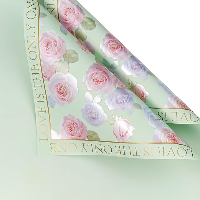 WRAPAHOLIC 20 Sheets Light Green Flower Wrapping Paper - 22.4 x 22.4 inch Rose Design Water-Resistant Floral Bouquet Wrapping Paper, Florist Supplies Packaging for Wedding Birthday Gift DIY