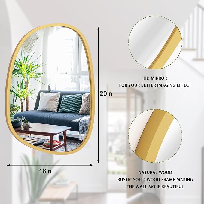 Gold Irregular Hanging Wall Mirror Wooden Framed Modern Asymmetrical Mirrors for Wall Artistic Decorative Mirror Wall Decor Mirror for Bedroom Bathroom Living Room Large 20"x16"
