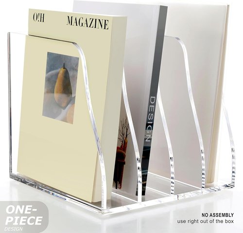 SANRUI Acrylic Desk File Organizer - Clear Magazine Holder with 4 Vertical Compartments for Office Storage