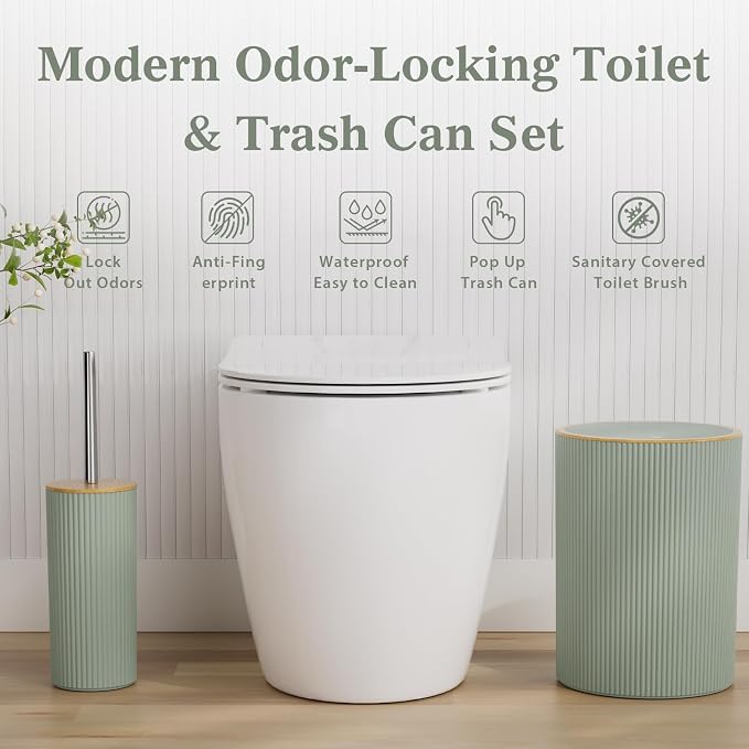 10PC Bathroom Accessories Set - Sage Green Bathroom Sets, Bathroom Accessory Set with Pop Up Trash Can, Toilet Brush, Trash Can, Qtip Holder & Soap Dispenser