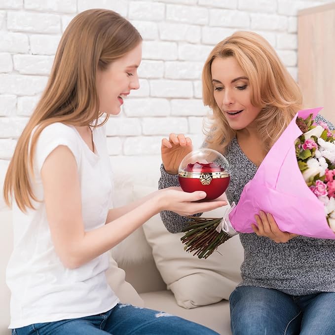 Rotating Preserved Real Rose Gift Box with I Love You Necklace – Spherical Eternal Flower Gifts for Mom, Wife, Grandma, Girlfriend – Forever Love Women Gifts for Christmas, Valentine’s Day (Red)