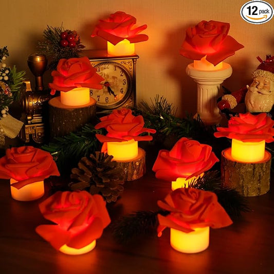 12 Pack Led Candles with Artificial Flowers, 200+Hour Battery Operated Tea Lights Candles for Centerpiece Table, Party, Wedding Anniversary Decorations (Red)