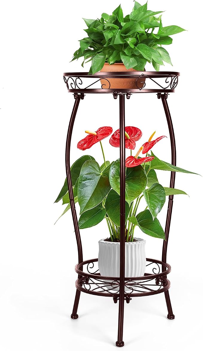 2 Tier Rustproof Iron Plant Stand - Heavy Duty Outdoor Plant Stands For Patio, Balcony Or Garden Or Planter Corner - Plant Stand Indoor (Bronze)
