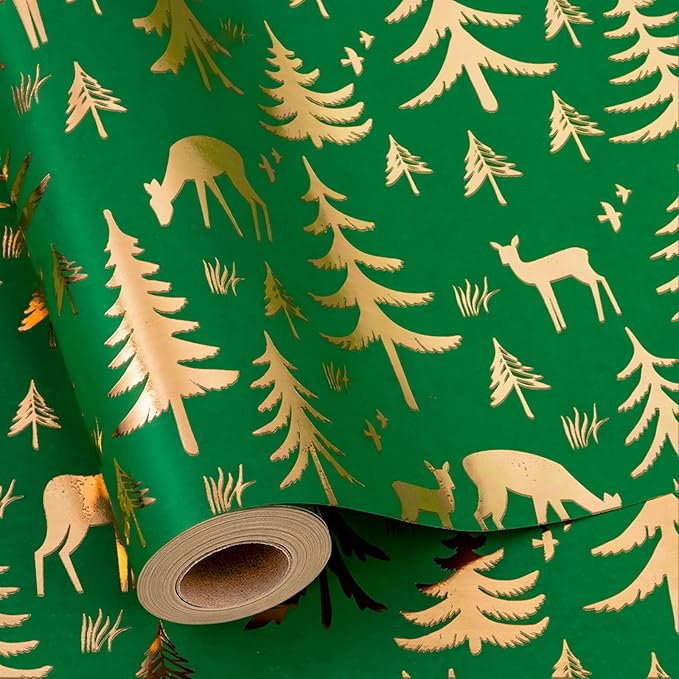 Yarcony Christmas Wrapping Paper Roll, Green Gift Wrapping Paper, Recycled Festive Gold Foil Reindeer, Winter Tree Theme Thick Kraft Christmas Gift Wrap for Winter Celebration (17 Inch X 33 Feet)