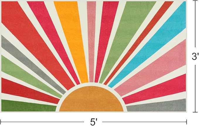 STARUIA Boho Washable Rug 3'x5' Kids Area Rug for Playroom, Colorful Kids Rugs for Bedroom, Non-Slip Throw Sun Carpet Soft Small Sunshine Rugs for Office Nursery Entryway Dorm