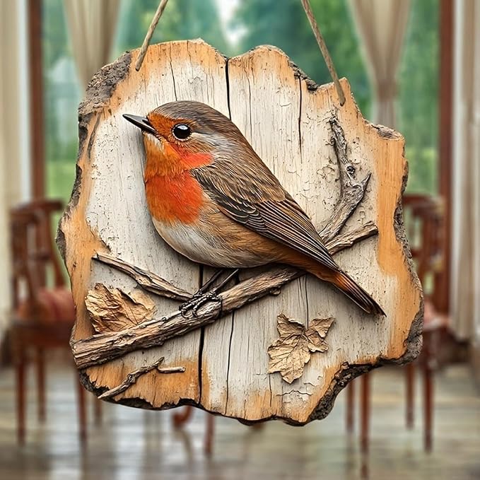 Vintage Bird Wooden Signage, Handmade Boxwood Bird Wall Hanging, 2D Flat Design, Rustic Farmhouse Robin Birds Wall Decor Forest Animal Decoration for Nursery, Indoor Outdoor Home Living Room