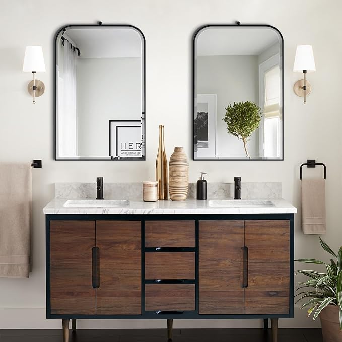 POZINO Beveled Bathroom Mirror, 22"x35" Vanity Mirror with Stainless Steel Frame, Modern Rectangle Wall Mirrors for Entryway Hallway Bedroom Fireplace Living Room