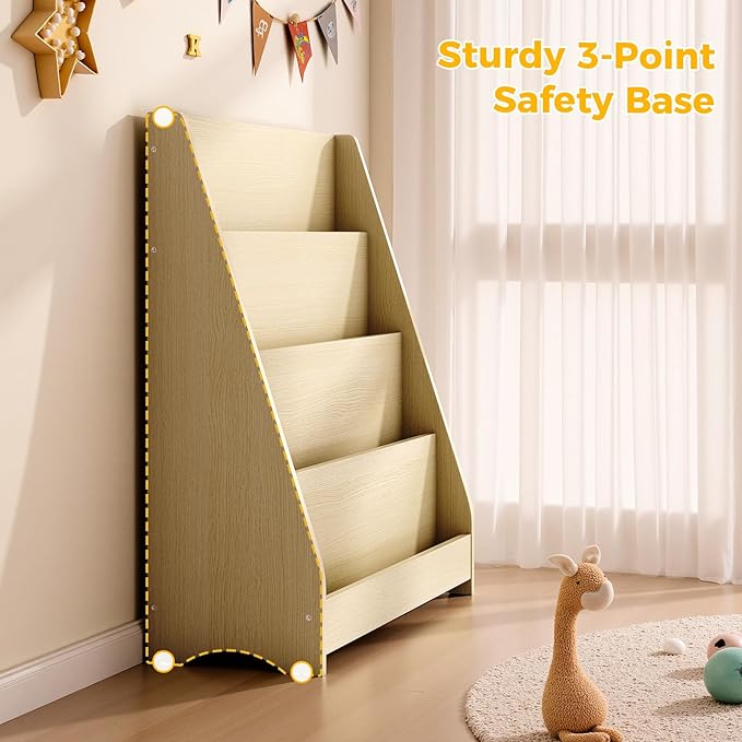 Tatub 4 Tier Kids Wooden Bookshelf, Toddler Sling Bookcase Montessori Bookshelf, Children Front Facing Book Shelf for Nursery, Playroom and Classroom, Natural Wood