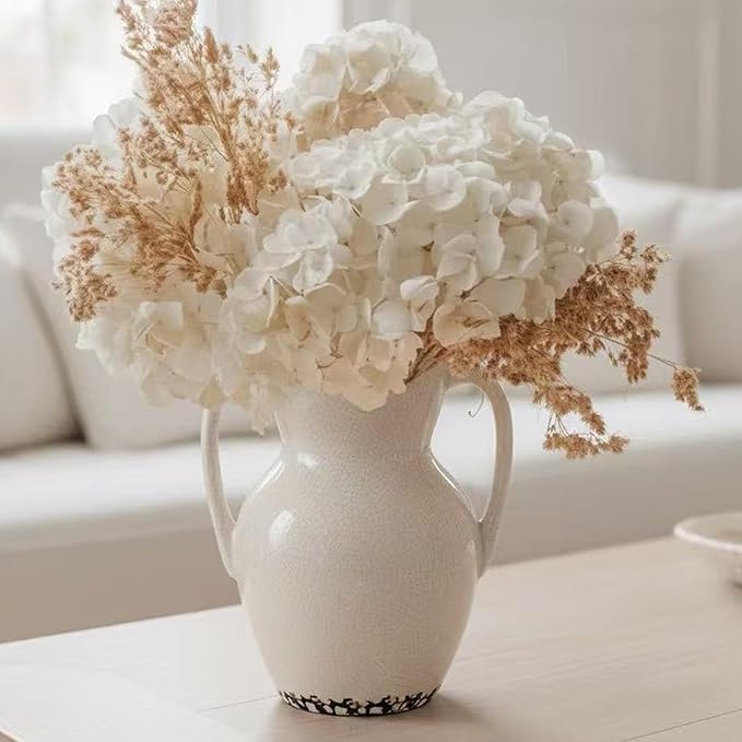 White Ceramic Rustic Vase with 2 Handles, Modern Farmhouse Round Flower Vase, Antique Decorative Vases for Home Decor, Wedding, Living Room, Shelf Decor - 8.3 Inch Tall, Ice Cracked White