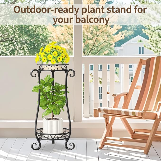 LASZOLA 2 Tier Black Metal Plant Stand for Multiple Large Planters Indoor Outdoor Organizer, Heavy Duty Tall Flower Stand for Corner Patio Bathroom Office, Modern Sturdy Vertical Iron Rack, Cat Proof