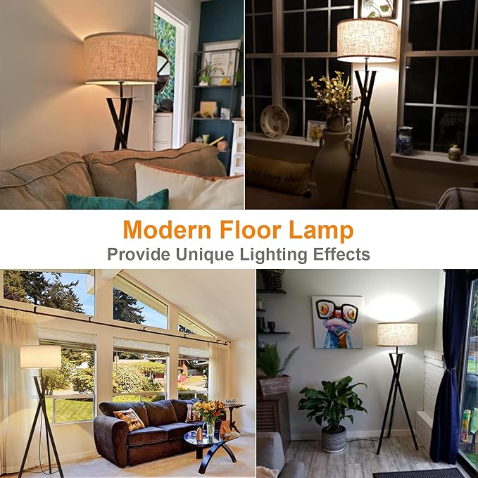 LEPOWER Tripod Floor Lamp, Mid Century Wood Floor Lamp with Flaxen Lamp Shade and E26 Lamp Base for Living Room, Bedroom and Office