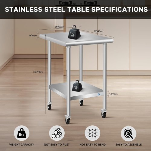 KUARBARR Stainless Steel Table - Commercial Kitchen Prep Table with Wheels | 24 x 18 Inch Metal Design