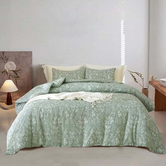EAVD Vintage Style Garden Sage Floral Duvet Cover Full Soft Cotton Chic Shabby Cute Floral Botanical Bedding Set with 2 Pillowcases Fresh Reversible Botanical Duvet Cover with Zipper Closure