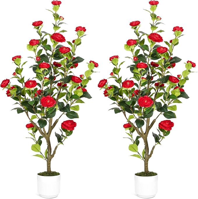 Artificial Camellia Tree 4FT – Nearly Natural Faux Plants Indoor, with Easy Assembly, Low Maintenance, Ideal for Both Indoor Decoration and Other Purposes，Perfect Porch Christmas Trees (Red 4ft x2)