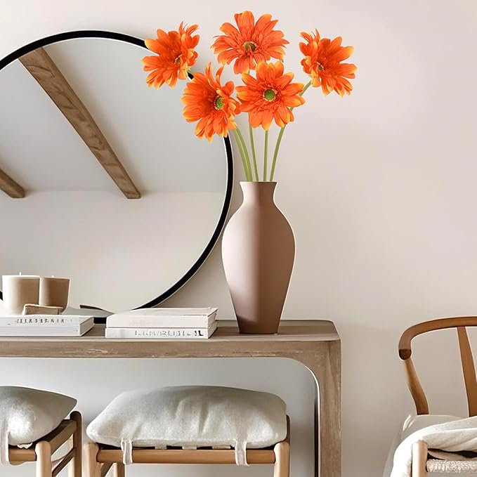 Orange Gerbera Daisy Artificial Flowers – Real Touch Artificial Wildflowers 5PCS, Long Stem Faux Daisies for Fall Home Décor, Home Table Centerpieces, or Wedding Arrangements