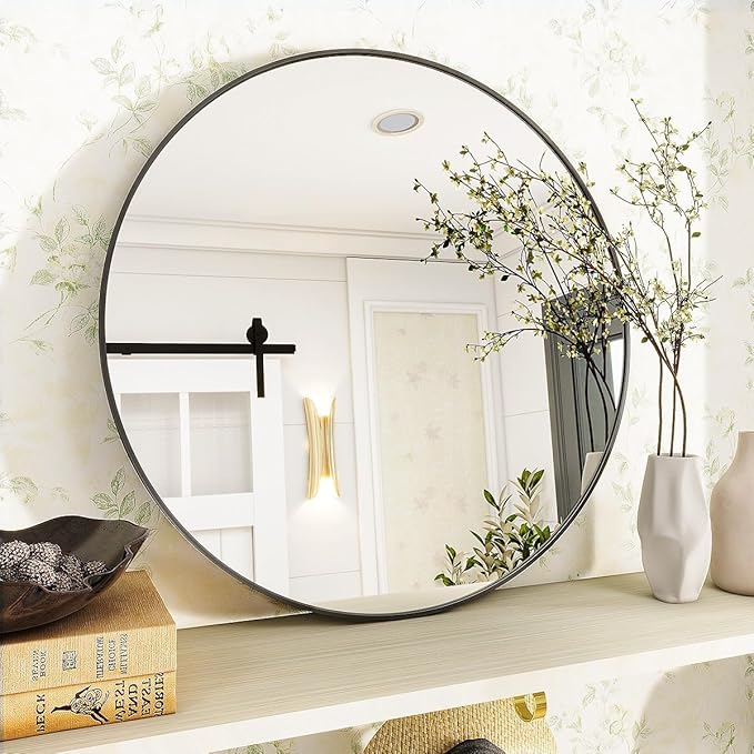 VooBang Black Round Bathroom Mirror, 30 inch Circle Wall Mounted Hanging Mirror with Simple Modern Circular Metal Frame for Hallway, Entryway, Living Room, Black Frame