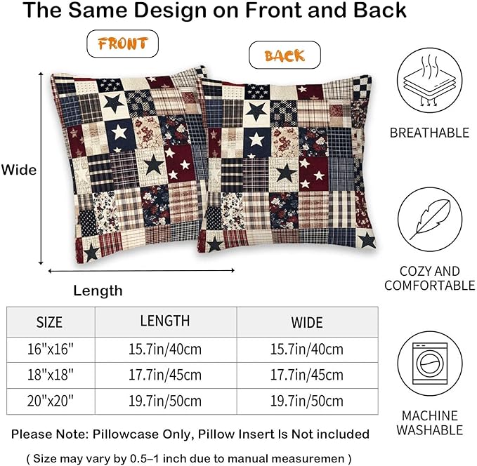 Printed Faux Patchwork Americana Throw Pillow Covers Set of 2 | Country Decorative Square Cushion Cases for Couch and Living Room | 18x18 Inches | Farmhouse Pillow Cases for Home Decor