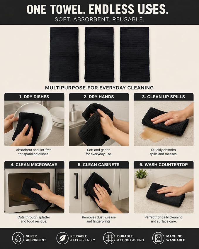 Serafina Home Oversized Solid Color Dark Navy Blue Kitchen Dish Towels: 100% Cotton Cloth Soft Cleaning Drying Absorbent Ribbed Terry Loop, Set of 3 Multipurpose for Everyday Use (Navy Blue)