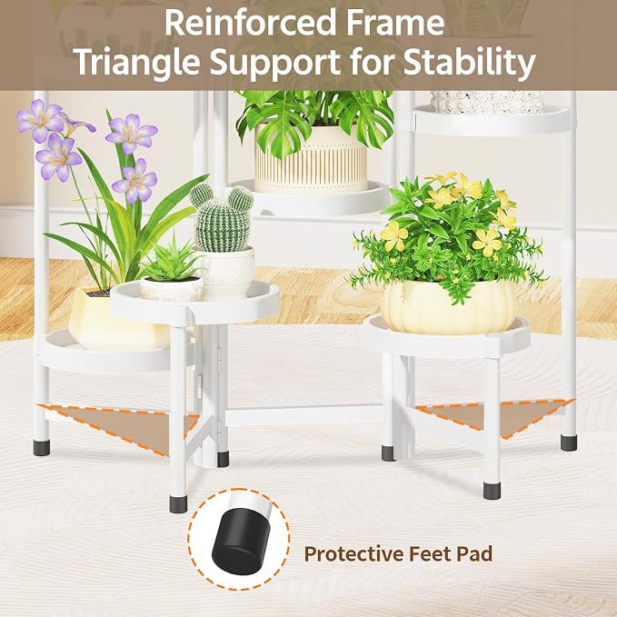 LASZOLA 8 Tiered Plant Stand Indoor Outdoor with Plastic Tray, Corner Folding Tall Flower Display Rack, Modern Plant Holder Shelf for Outdoor Patio Porch Garden Office Living Room, White